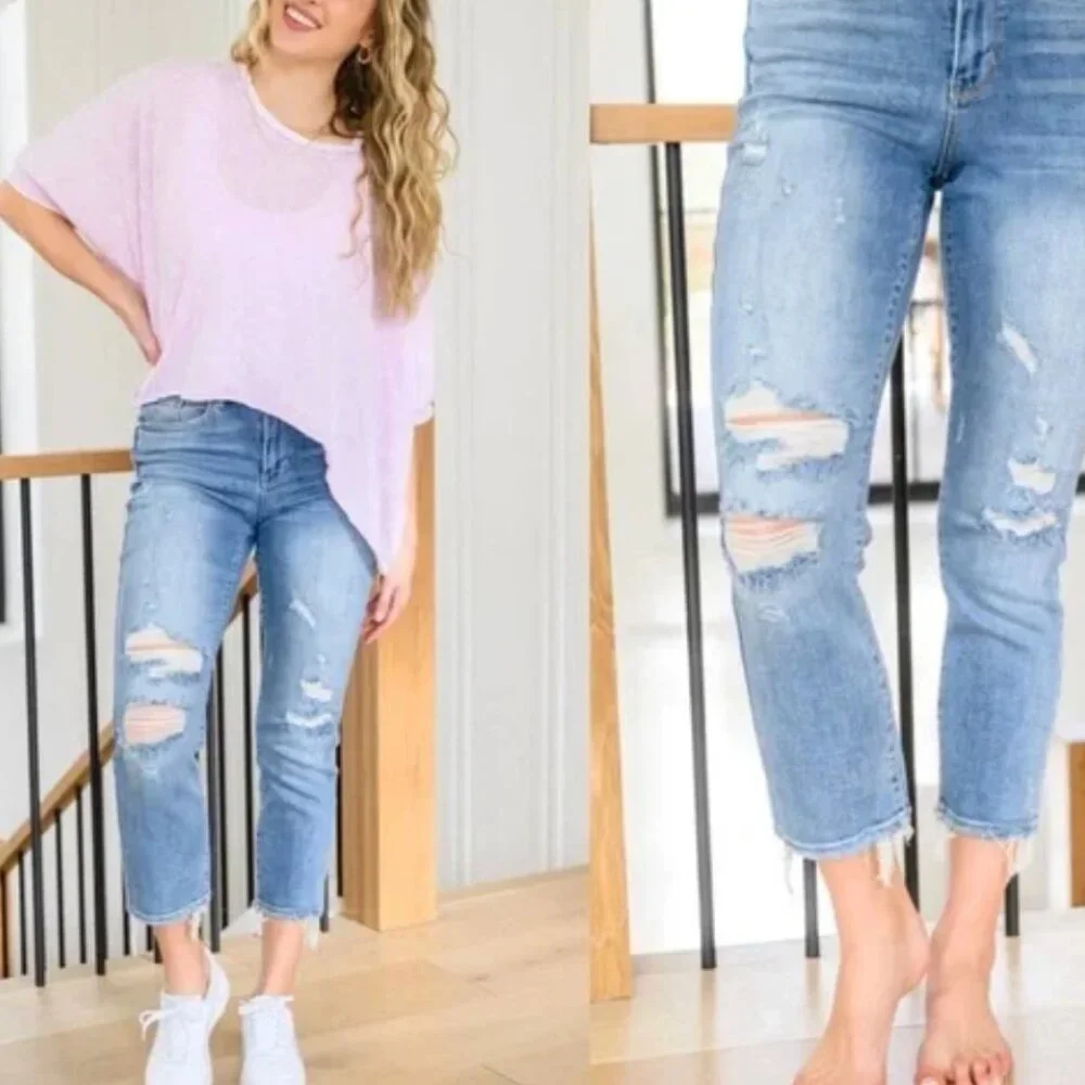 JUDY BLUE High Rise Slim Straight Leg Destroyed Jeans JB82391size 11/30 - Picture 1 of 11